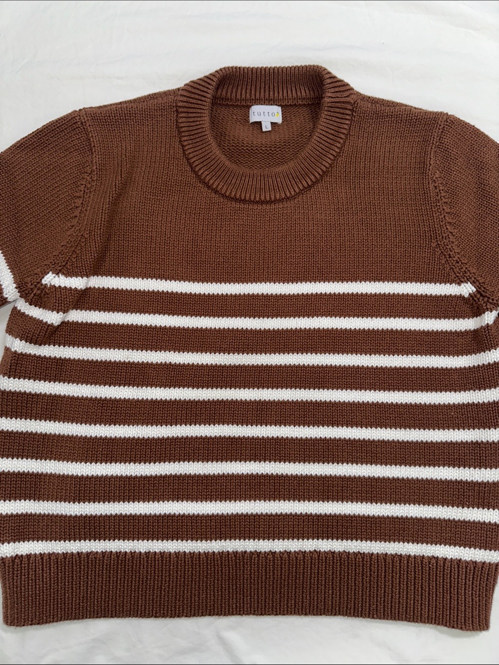 Tutto Knit Chocolate Brown White Stripe Crewneck Sweater 100% Cotton Large